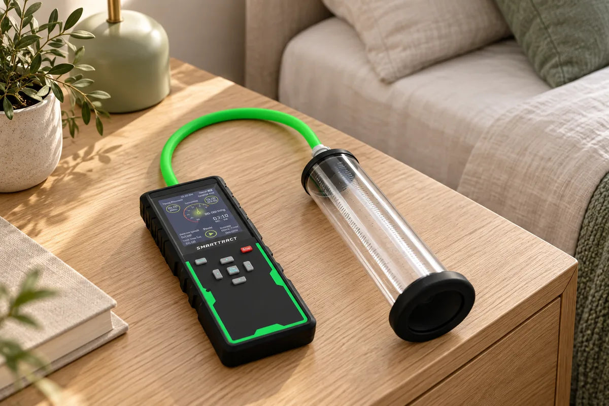 Illustration of SmartTract’s controller and cylinder connected on a bedside table for a dry setup