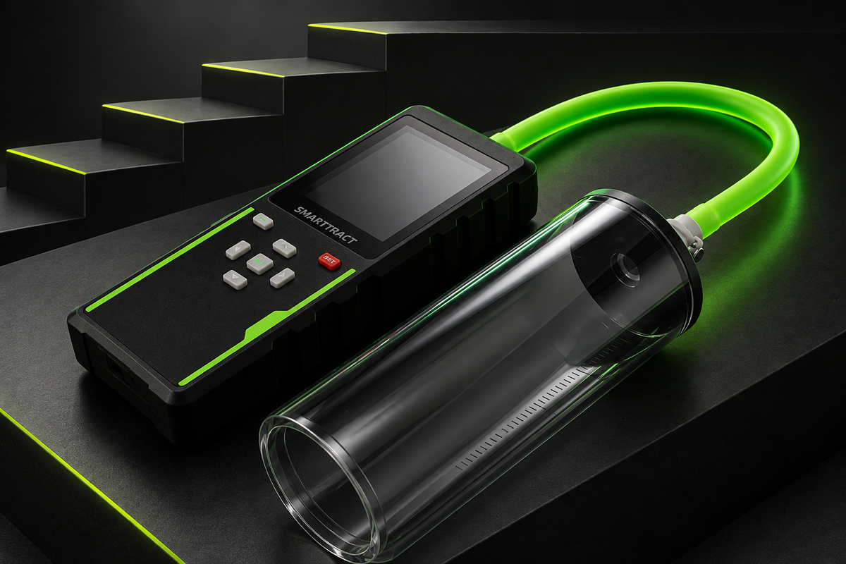 SmartTract controller and clear cylinder beside five charcoal steps with lime lighting