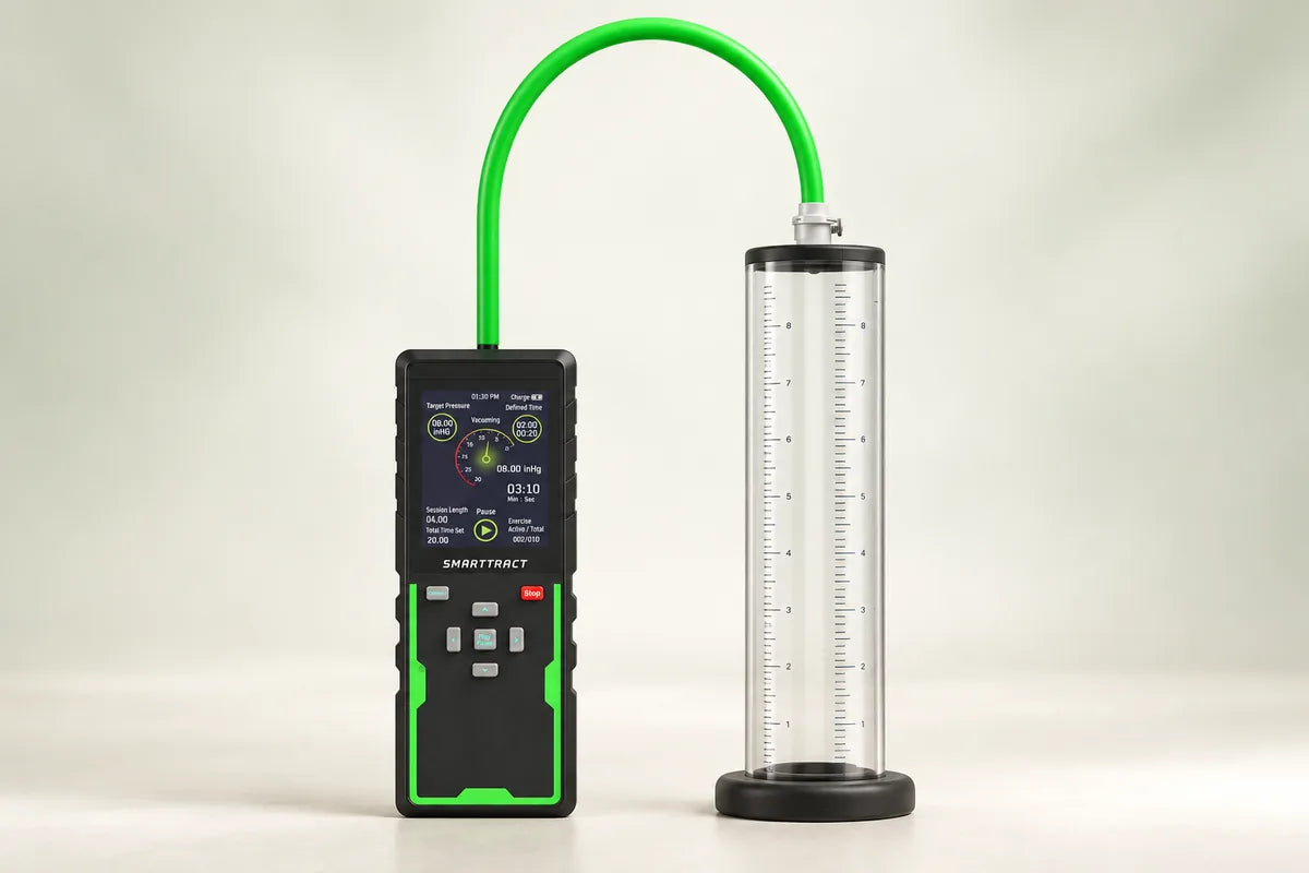 Illustration of the SmartTract controller connected by a green hose to a separate clear cylinder