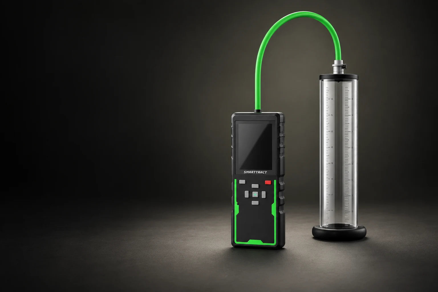 Studio illustration of the complete SmartTract Go controller and cylinder connected by a green air hose